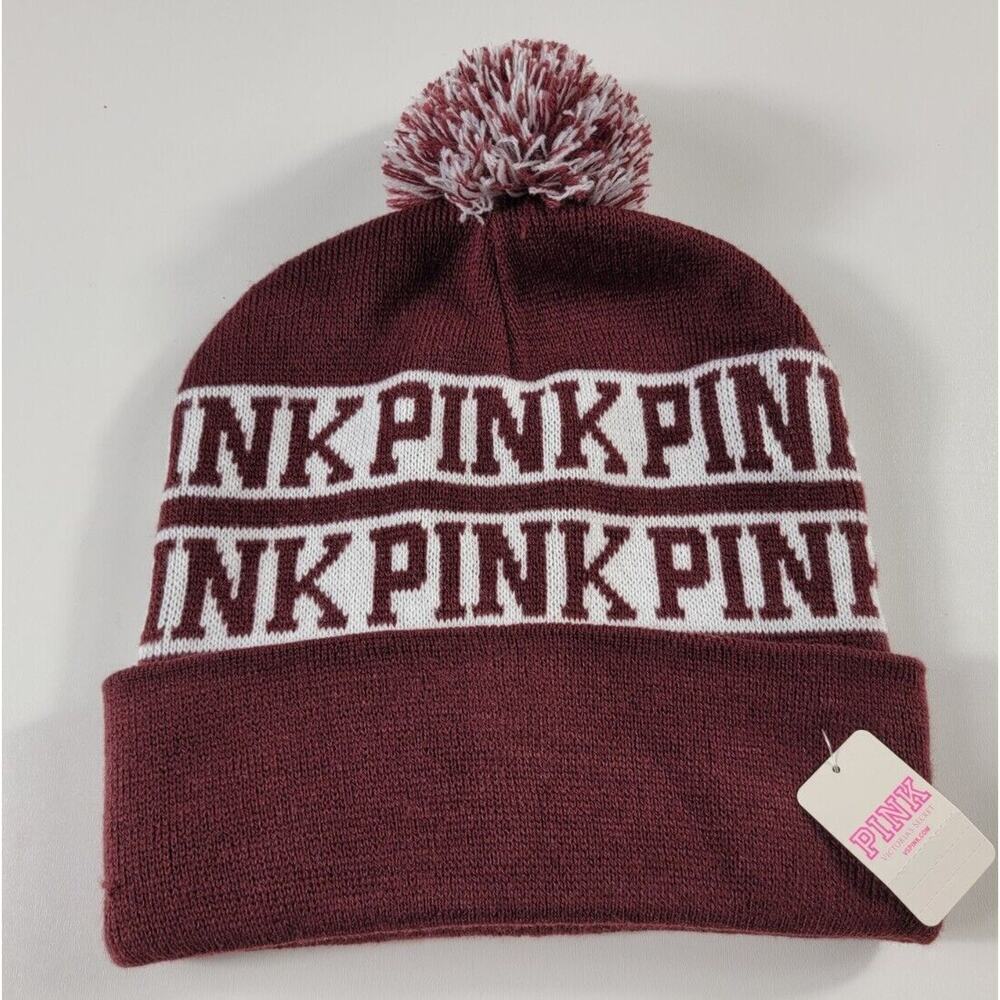 NWT PINK Victorias Secret Womens Beanie Hat Pom Maroon Burgundy & White Aggies